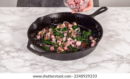 Step by step. Filling in cast iron skillet with vegetables to prepare spinach and ham frittata.