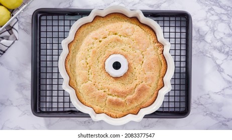 Step By Step. Flat Lay. Baking Fail. Cooling Freshly Baked A Lemon Pound Cake On A Cooling Kitchen Rack.