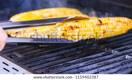 Step by step. Grilling organic corn on outdoor gas grill.