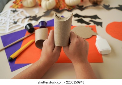 Step by step instruction - 2 - Decorations for Halloween party from toilet roll. Easy eco-friendly DIY master class, craft for kids. Development imagination and sensory motor skills - Powered by Shutterstock