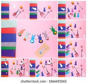 Step By Step Instruction Easter Bunny Garland. Cute Bunny Shapes With Yarn Pompom Tails. Diy Concept Of Happy Party