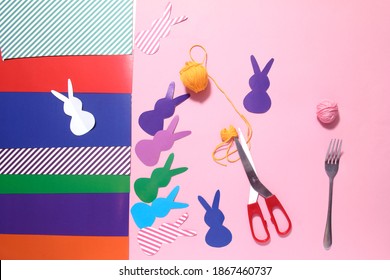 Step By Step Instruction Easter Bunny Garland. Cute Bunny Shapes With Yarn Pompom Tails. Diy Concept Of Happy Party. Step 5