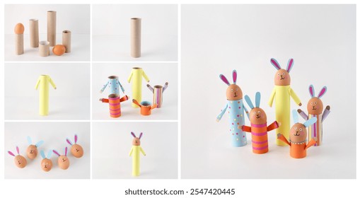 step by step instruction how make bunny crafts from cardboard tubes and decorated with colorful paper. perfect for activities like Easter decorations or kids art projects, easy following tutorial