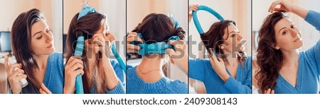 Step by step instruction on using heatless hair curler at home. Woman doing hair applying soft satin headband. Spraying with water, wrapping, taking off curling set. End result