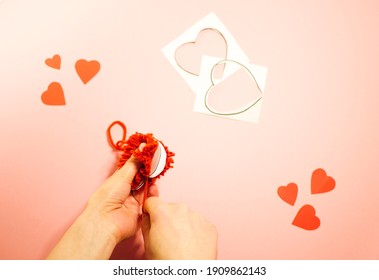 Step By Step Making Pompom Heart. Valentines Day Gift. Flat Lay Guide 