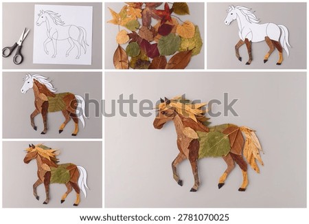 Step by step masterclass collage creating horse from autumn leaves. Perfect for craft blog banners, kids DIY kit packaging, online education courses, preschool activity books publishing houses.