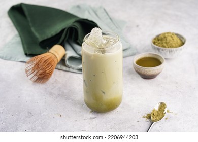 Step By Step Matcha Latte: Tall Boba Tea Glass With Ice, Matcha Green Tea, Milk