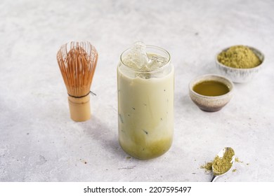 Step By Step Matcha Latte: Tall Boba Tea Glass With Ice, Matcha Green Tea, Milk