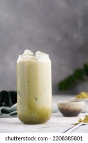 Step By Step Matcha Latte: Tall Boba Tea Glass With Ice, Matcha Green Tea, Milk