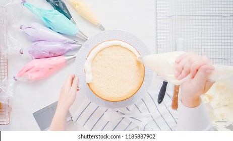 Step by step. Pastry chef making unicorn cake for little girl birthday party.