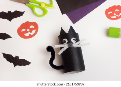 Step By Step Photo Instruction Halloween Craft. Final Result. Handmade Decoration Cute Funny Black Cat From Toilet Paper Roll. Do It Yourself. Reuse Concept