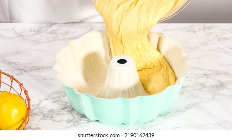 Step By Step. Pouring Cake Batter In Bundt Cake Pan Ready For Baking.