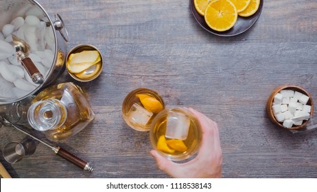 Step By Step. Preparing Bourbon Old Fashioned Cocktail At Home Bar.