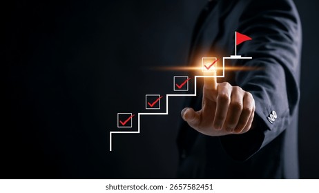 Step by step progress and goal completion concept. businessman pointing at checklist. business strategy, career growth, achievement milestones, business planning, success and effective project manage