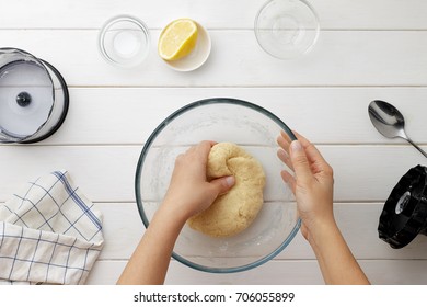 Step By Step Recipe Galette Or Pie With Nectarines. Female Hands Kneading A Dough. Cooking Process Top View.