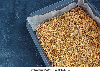 Step By Step Recipe. Home Cooking Healthy Vegetarian Snack: Granola,  Muesli. Step5 Ingredients: Fry Mixture From Nuts, Oat Flakes, Honey In Oven. Homemade Food Concept. Keto Diet