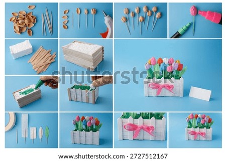 Step by step tutorial diy spring tulip bouquet made of pistachio shells wooden sticks recycled materials creative craft project for kids school home activity ecological art hobby handmade gift