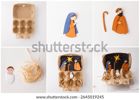 Step in DIY nativity project using egg carton and paper to recreate traditional Christmas story. Useful for educational platforms, Sunday schools, parenting blogs, creative studios, holiday shops