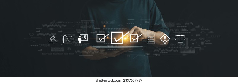 Step the future of compliance  tech with virtual screen concept. Businessman navigating innovation for corporate presentations, showcasing a vision of success. Embrace  synergy of modern regulations.