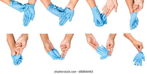 Step of hand throwing away blue disposable gloves medical, Isolated on white background. Infection control concept.