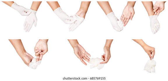 Step Of Hand Throwing Away White Disposable Gloves Medical, Isolated On White Background. Infection Control Concept.