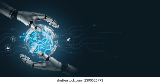 Step into the realm of advanced technology as two robot hands join forces to showcase the wonders of AI. Witness the seamless data processing, system connection, and data protection on virtual screens - Powered by Shutterstock - Get 15% off with code: PIKWIZARD15