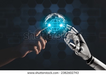 Step into the world of high-tech synergy with a human and robot on a virtual screen, illustrating advanced AI connection and digital cooperation