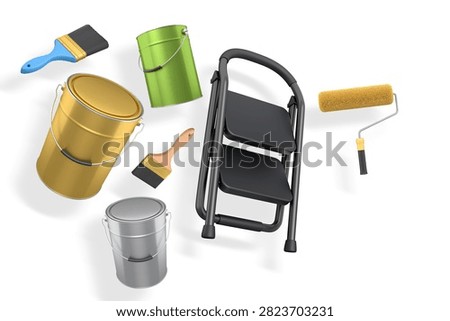 Step ladder with black steps, paint cans, roller and paint brushes isolated on white background with clipping path, concept of painting.