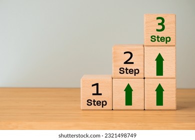 step one second and third, Concept, career and development path, Learning gaining experience, work, achieving success, Wooden blocks with lettering and arrows