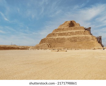 The Step Pyramid Of Djoser With Wood Scaffolding In Saqqara Necropolis