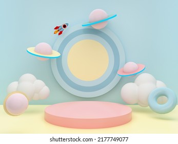 Step stage podium with colorful saturns and rocket on pastel blue background. Pedestal for kid product presentation. Geometric 3D render - Powered by Shutterstock