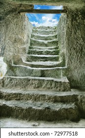 step stone staircase in the ruins of the ancient cave city