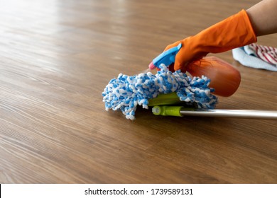 Step Of Vinyl Floor Tiles Waxing By Spray On Mop To Finish Floor Material Interior Installation Work