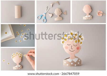 Step-by-step paper craft tutorial showing how to make a smiling figure with daisy flower crown from toilet paper roll and cardboard. DIY handmade cardboard cutout. Recycled art project. 