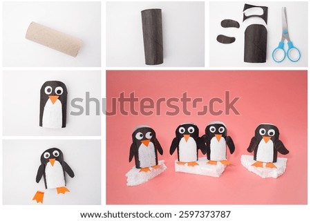 Step-by-step penguin craft tutorial using toilet paper rolls. The painted roll with additional cut-out pieces and scissors, finished penguins on foam icebergs, pink background