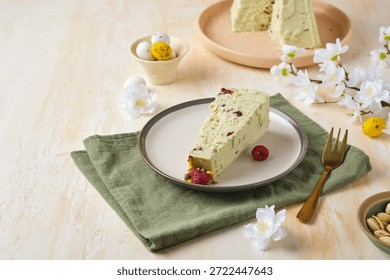 Step-by-step preparation of a cottage cheese Easter dessert in the shape of a truncated cone with pistachio paste, white chocolate and dried cranberries. The finished sliced ​​dessert is on a plate. Happy Easter.(