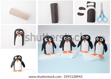 Step-by-step tutorial for DIY penguin craft made from toilet paper rolls. Recycled cardboard and paper art project for kids. Winter crafts and arctic animal theme.