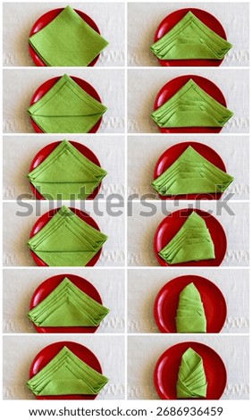 Step-by-step tutorial: Fold green linen napkin in shape of Christmas tree. New Year table setting. Collage of 12 steps instruction. Top view