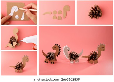 Step-by-step tutorial showing how to make DIY dinosaur figures using pinecones and cardboard. Educational children activity. Creative project and handmade toy concept