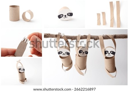 Step-by-step tutorial showing how to make sloth figures from recycled cardboard paper rolls. DIY crafting process with paper cutouts and glue. Eco kids craft and handmade animal concept. kids activity
