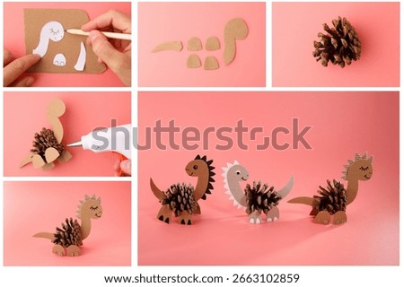 Step-by-step tutorial showing how to make DIY dinosaur figures using pinecones and cardboard. Educational children activity. Creative project and handmade toy concept