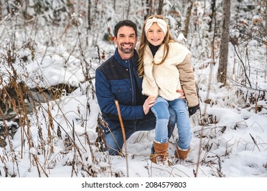 A Stepfather And Daughter On Forest In Winter Season