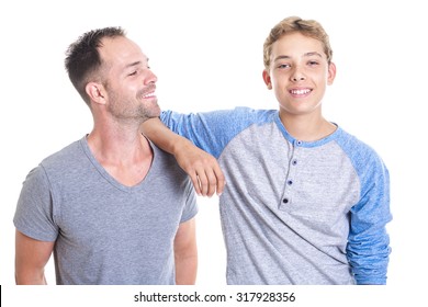 A Stepfather And Son Standing Isolated On White Background