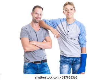 A Stepfather And Son Standing Isolated On White Background