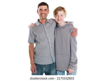 A Stepfather And Teen Son Standing Isolated On White Background