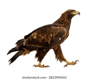 Steppe Eagle Walking In A Natural Pose With Hea Isolated On White Background