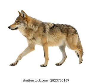 Steppe Wolf Walking Confidently Lean Body Stru Isolated On White Background