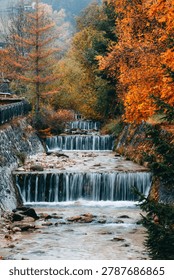Stepped mountain stream waterfall flow through stone channel weir surrounded by vivid autumn foliage trees in seasonal alpine scenery