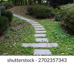 A stepped path of rectangular stone pavers leads uphill through a lush garden with scattered autumn leaves.