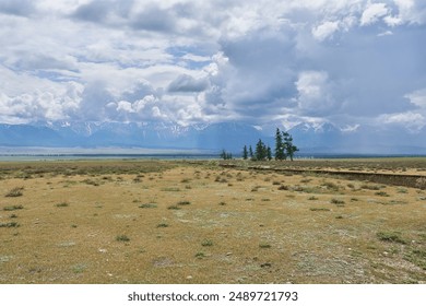 Steppes of Mongolia against the background of snow-capped peaks. Overcast weather. - Powered by Shutterstock